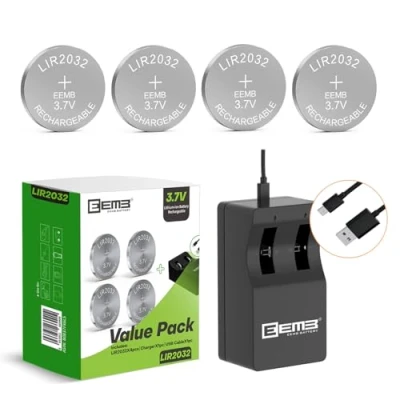 Afbeelding van EEMB LIR2032 Oplaadbare acculader met 4 Lithium Ion knoopcellen, stuks, 3,7 V, 45 mAh, voor horloge, sleutelhanger op afstand