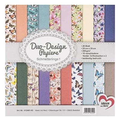 Afbeelding van Ideen mit Herz 20 vellen Duo Design papier, knutselpapier, 25 x cm, 250 g/m², aan beide zijden bedrukt, designpapier, ideaal voor scrapbooking, knutselen, vlinders 01