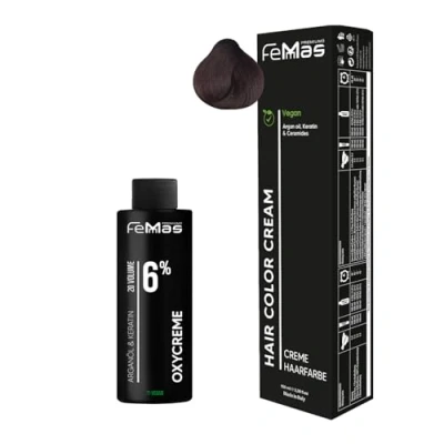 Afbeelding van Femmas Haarverf donkerblond mahonie amber 6.58 kleurcrème 100 ml + oxycrème 6% permanente haarkleur ontwikkelaar zacht en duurzaam