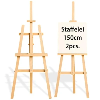 Afbeelding van Chevalet peinture en bois massif de 150 cm (2 pièces) Chevalets pliables et réglables hauteur avec support tableau adaptés pour l&#039;art mariage enfants adultes