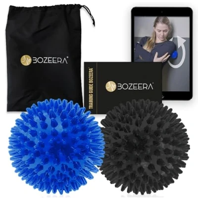 Afbeelding van BOZEERA Triggerpoint Ballen 2x Spiky Massageballen Massage Bal 9 CM Hard en Medium Inclusief Video Handleiding Poster &amp; Tas
