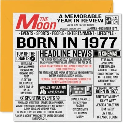 Image de Stuff4 Cartes de 47e anniversaire pour homme et femme Journal Born In 1977 Carte d&#039;anniversaire maman, papa, oncle, tante, vintage, rétro, Back 1977, 145 mm x mm, 47 ans