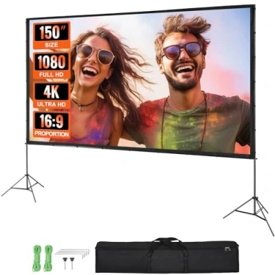 Image de VEVOR Écran de Projection sur Pied Portable 150 pouces 16:9 HD Toile Double Face Anti Plis Grand Angle Vision avec Sac Rangement pour Vidéoprojecteurs Cinéma Maison et en Plein Air