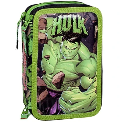 Afbeelding van Clondo Drievoudig gevuld etui, 44 schoolaccessoires, 3 ritssluitingen, 20 cm, Hulk, pennenhouder