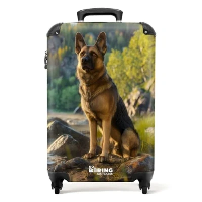 Afbeelding van NoBoringSuitcases.com® Handbagage koffer lichtgewicht Reiskoffer trolley Wakende herdershond op de rotsen Rolkoffer met wieltjes Past binnen 55x40x20 en 55x35x25