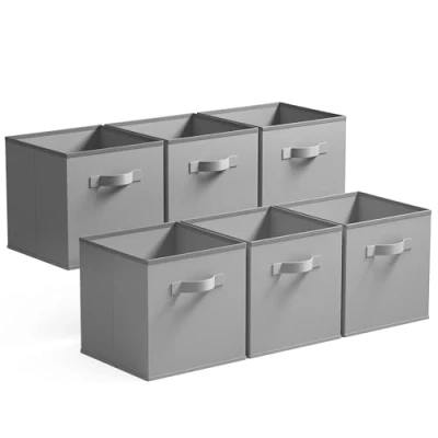 Afbeelding van GRANNY SAYS Opbergdozen, 6 stuks, opvouwbaar, van stof, met handgrepen, manden en opbergdozen voor Kallax, rek, opbergkubus, 26,7 x 28 cm, grijs