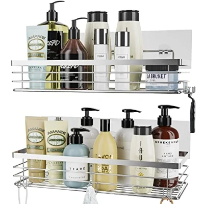 Afbeelding van Orimade SUS304 Douche caddy plank met 5 haken voor badkamer, toiletmand, keuken, kruidenrek, roestvrij staal, zonder boren, 2 stuks