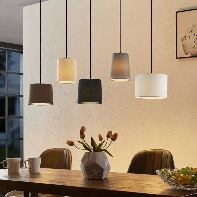 Afbeelding van Lindby Hanglamp 5lichts hout, stof, ijzer E27 hout natuur, zwart, grijs, beige, bruin, wit