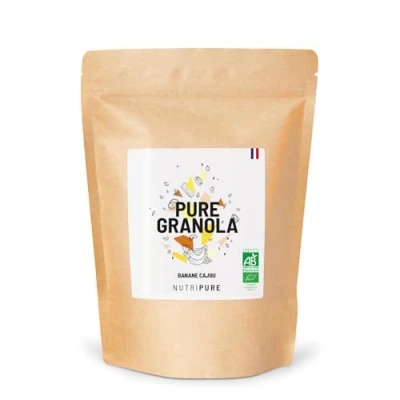 Afbeelding van Nutripure Pure biologische granola rijk aan eiwitten en vezels veganistische muesli, rauw, zonder conserveringsmiddelen suiker banaan cashewnoten ambachtelijk gemaakt in Frankrijk