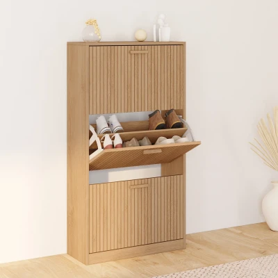 Image de Meuble à chaussures 18 paires JULIETTE 3 portes lattes tasseau bois coloris chêne IDMarket