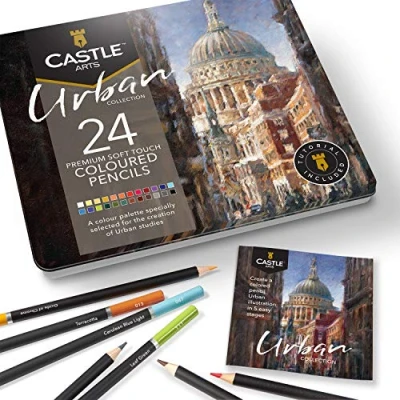 Afbeelding van Metalen doos met 24 kleurpotloden het thema van Castle Arts, ideaal voor &quot;Urban Sketching&quot;. Hoogwaardige potloden zachte nuances een prachtig resultaat