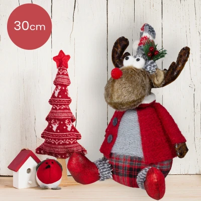 Afbeelding van Handgemaakt Rendier mannetje met rood/zwart geblokte broek en open jas 30(38)cm