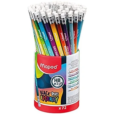 Afbeelding van Maped 72 potloden grafiet Black&#039;Peps Energy HB gum met inspirerende berichten, verpakking