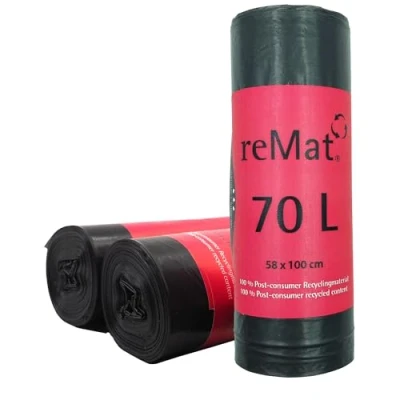 Afbeelding van reMat vuilniszakken 70 l van 100% gerecycled materiaal (PCR), 10 per rol, scheurvast, geurloos, ideaal voor het verzamelen afval