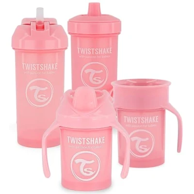 Afbeelding van Twistshake Drinkbekerset voor baby&#039;s, 4 delig, 1 x 360 beker, mini rietjesbeker, kinderbeker, lekvrije flessen, BPA vrije maanden, lichtroze