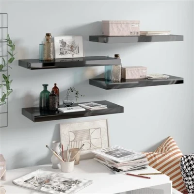 Afbeelding van Wandschappen zwevend 4 st 60x23,5x3,8 cm MDF hoogglans zwart