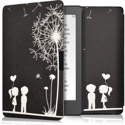 Afbeelding van kwmobile E reader hoesje geschikt voor Kobo Aura Edition 2 hoes flip case met magnetische sluiting Ereader cover Paardenbloemen Liefde design in wit / zwart