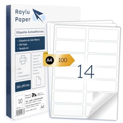 Afbeelding van Raylu Paper ® Witte zelfklevende etiketten voor het afdrukken van A4 papier laserinkjetprinters en kopieerapparaten, 14 per vel (99,1 x 38,1 mm)