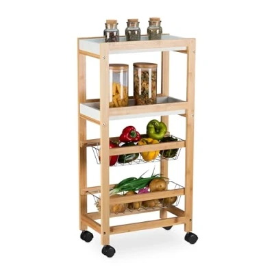 Afbeelding van Relaxdays keukentrolley bamboe 4 etages badkamer trolley smal keukenrek op wieltjes