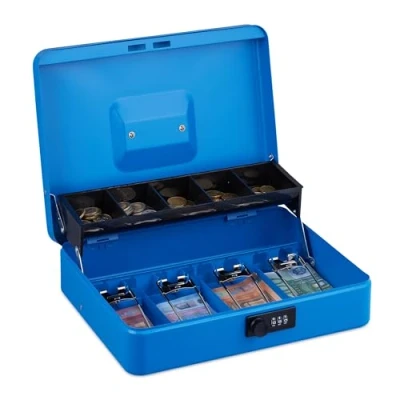 Image de Relaxdays Caisse à Monnaie, Pratique, Combinaison 3 Chiffres, pour Billets et pièces, verrouillable, Bleue