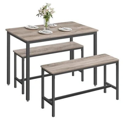 Afbeelding van VASAGLE KDT070B02 Eettafel met 2 banken, keukentafel 70 x 110 75 cm, banken 30 97 50 stalen frame, grijs gemêleerd en inktzwart