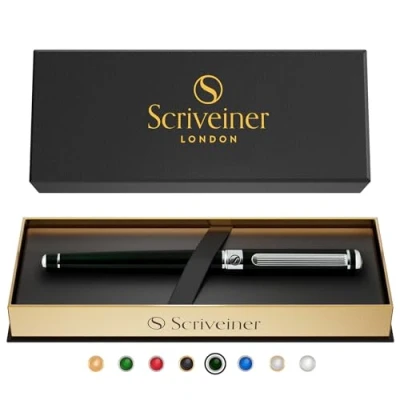 Afbeelding van Scriveiner Zwart groen set rollerbalpen, groen, Engels, gelakt, verchroomd staal, oplaadbaar, mooi cadeau voor dames en heren, met doos, professionele kantooraccessoires