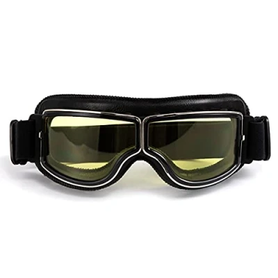 Afbeelding van Retro motorcrossbril lederen dames heren zonnebril zwart montuur, gele glazen