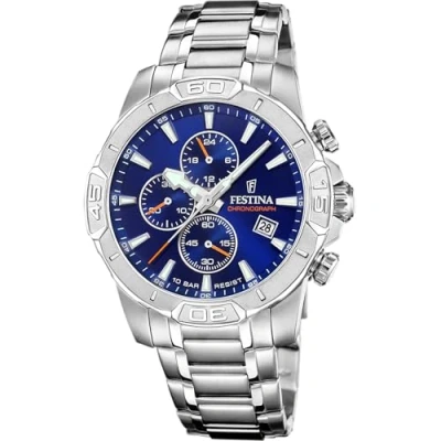 Afbeelding van Festina F20704/2 Heren Horloge Chronograaf Mineraalglas Roestvrijstaal/Leer Zilverkleurig Quartz Gesp 10 ATM (zwemmen)