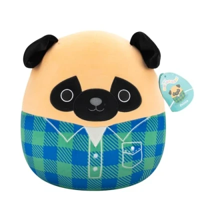 Image de Peluche Squishmallows Prince Brown Pug in Green and Blue Flannel Shirt 30 cm