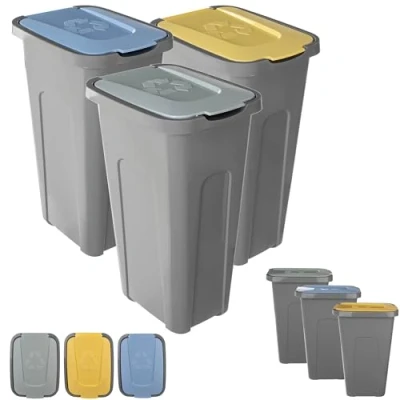 Afbeelding van KADAX Set van 3 vuilnisemmers 30 liter voor afvalscheidingssysteem, kunststof afvalemmer met klapdeksel (geel, groen, blauw)