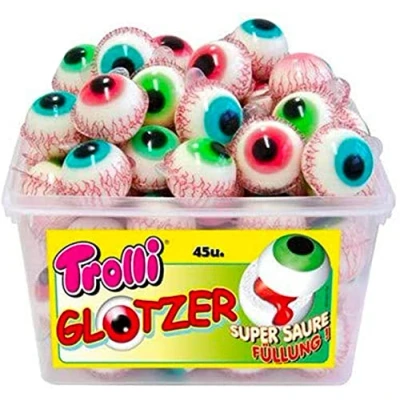 Afbeelding van Trolli Pop Eye, Doos met 45 stuks snoepgoed in de vorm van een oog aardbei smaak, glutenvrij, ideeën voor verjaardagen en feestjes