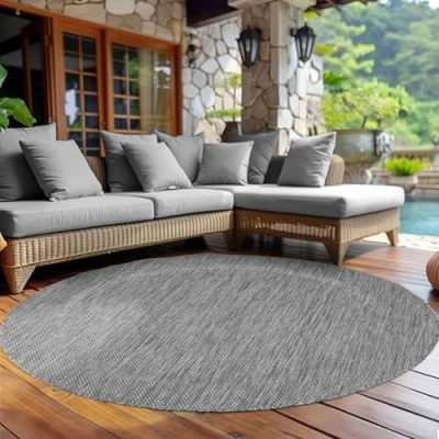 Afbeelding van Carpettex Outdoortapijt, weerbestendig, rond, sisal look, grijs, 200 cm, ideaal voor balkon, tuin, terras en als keukentapijt, wasbaar, plat weefsel, waterdicht, eenvoudig