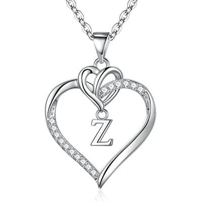 Afbeelding van TINGN hartvormige halsketting voor dames, zilvergoud, 14 karaat witgoud verguld, initiaalketting en hanger, kubieke zirkonia, verjaardagscadeau vrouwen, vriendin, moeder, Sterling