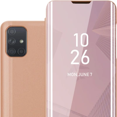 Afbeelding van Cadorabo Hoesje geschikt voor Samsung Galaxy A71 4G in KUNZIET ROZE Clear View Spiegel Beschermende Case met Tribunefunctie 360 Graden Bescherming Book Cover Etui
