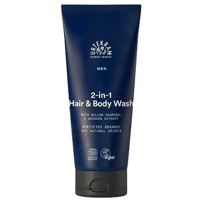 Afbeelding van Urtekram Men&#039;s 2 in 1 haar en lichaamsreiniger voor mannen, met ginseng extract biologische wilgenhoutskool verfrissend revitaliserend 200 ml veganistisch, biologisch, van natuurlijke