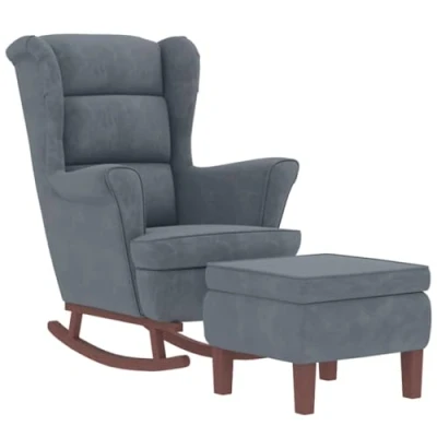 Image de vidaXL Chaise à bascule avec pieds en bois et tabouret Gris foncé