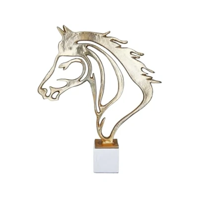 Afbeelding van GILDE Groot decoratief paardenhoofdfiguur Decoratieve dierenfiguur van aluminium marmer Kleur: witgoud Geschenkdecoratie Paardenvrienden Hoogte: 44,5 cm