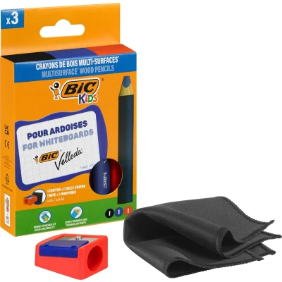 Afbeelding van Whiteboardpotlood BicKids Multi Surface inclusief puntenslijper en doekje assorti pak à 3 stuks