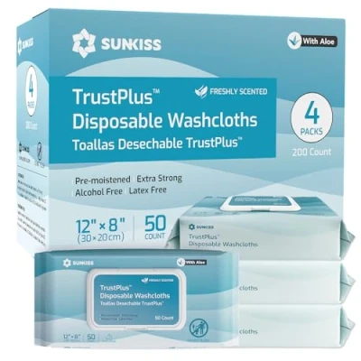 Afbeelding van SUNKISS Trustplus Reinigingsdoekjes voor volwassenen, extra dikke reinigingsdoekjes, 20 x 30 cm, het lichaam, met aloë incontinentie en intieme hygiëne, geurend, 200 stuks