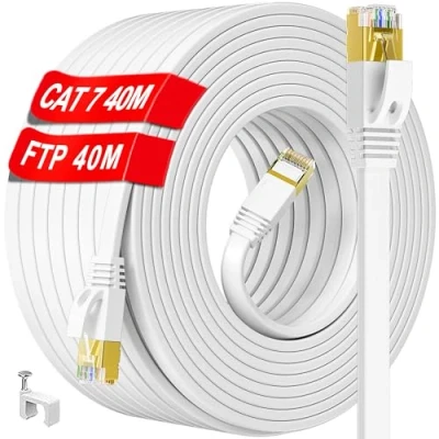 Afbeelding van Ethernet kabel, 40 m, Cat 7, netwerkkabel, hoge snelheid, lang, plat, RJ45 afgeschermd, wit, LAN 10 Gbit/s, 600 MHz, S/FTP, Gigabit internetkabel voor buiten, binnen,