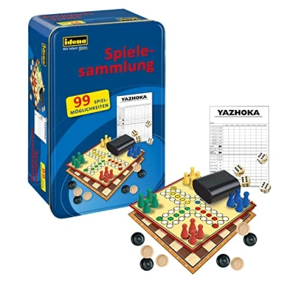 Afbeelding van Idena 40216 speelcollectie met 99 speelmogelijkheden, in Tinbox, verschillende bord en dobbelspellen, spelhandleiding voor 2 8 spelers vanaf 6 jaar