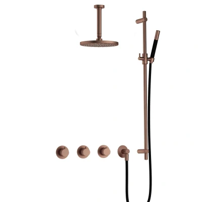 Afbeelding van Hotbath Cobber Regendoucheset IBS70 Geborsteld Koper PVD Staaf handdouche 20cm Hoofddouche 15cm Plafondbuis Handouche met glijstang