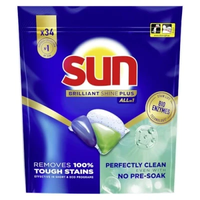 Afbeelding van Sun Vaatwascapsules Brilliant Shine Plus All in 1 met Bio enzymentechnologie 34 Stuks Voordeelverpakking