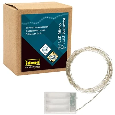 Afbeelding van Idena 31118 Micro lichtketting met 20 leds in warm wit, 6 uur timer, werkt op batterijen, voor feestjes, Kerstmis, decoratie, bruiloft, sfeerlicht