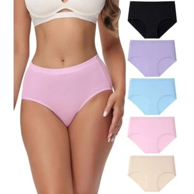Afbeelding van wirarpa 5 stuks damesslips van zacht katoen hoge taille, zwart/lichtpaars/lichtblauw/roze/beige