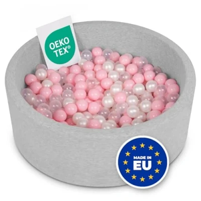 Afbeelding van Selonis Ballenbad 90 x 30 cm, met 200 ronde ballen van schuimrubber voor baby&#039;s en kinderen, lichtgrijs: poederroze/parel/transparant