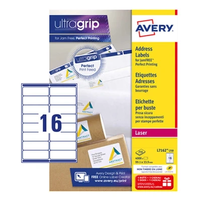 Image de Avery L7162 250 étiquettes d&#039;adresse A4 99,1 x 33,9 mm (4000 étiquettes) blanc