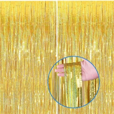 Afbeelding van Lametta Metalen glittergordijnen, 2 stuks aluminium gordijnen, achtergrondringen voor verjaardag, feest, bruiloft, gouden decoratie