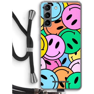 Afbeelding van Case Company® hoesje met Koord geschikt voor Samsung Galaxy S21 Smiley N1 Telefoonhoesje Zwart Bescherming aan alle Kanten en Over de Schermrand