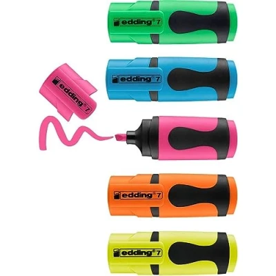 Image de edding Lot de 7 mini marqueurs fluorescents Couleurs fluo 5 feutres Pointe biseautée 1 à 3 mm modernes Pour bullet journal, école, collège, université ou bureau